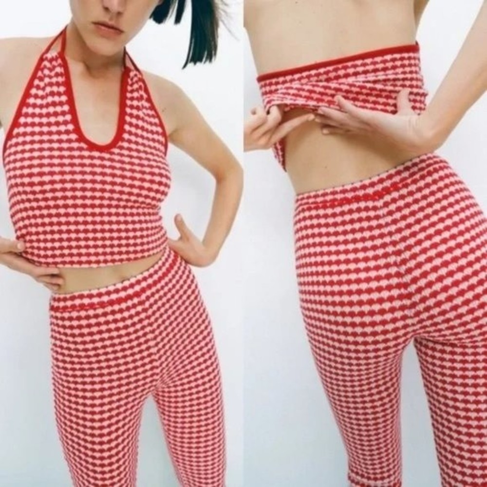 Zara Retro High Waisted Knitted Pants Red White Gingham Size S